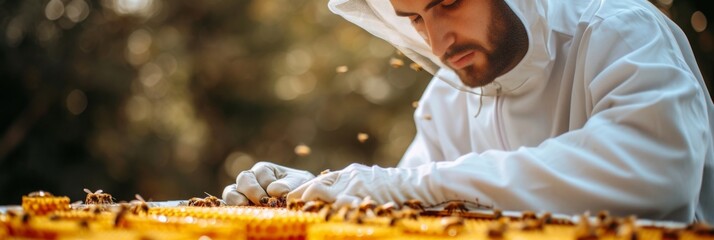 Beekeeper in a white suit and veil inspects honeycombs full of fresh honey - Powered by Adobe