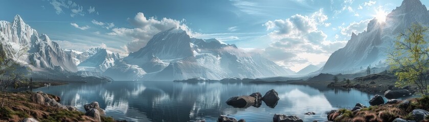A panoramic view of a volcanic mountain range, with snowcapped peaks, glaciers carving through valleys, and a crystal clear lake reflecting the scenery 