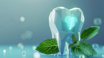 In a futuristic digital polygonal style on a blue background, a tooth displays a mint leaf in an attempt to convey the idea of cleanliness and freshness in the mouth. Modern illustration.
