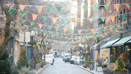 City street decorated with green and orange flags for St Patricks Day . Concept St Patricks Day, Decorations, City Street, Green Flags, Orange Flags