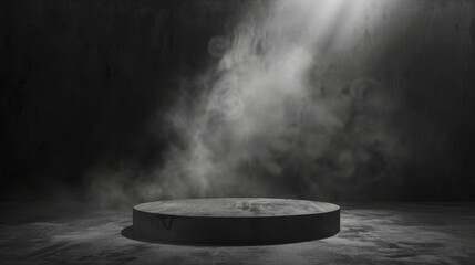 A spotlight shines down on an empty pedestal surrounded by smoke.