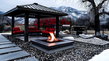 Winter Wonderland: Cozy Outdoor Scene with Fire Pit, Pergola, Garden Bed, and Snowy Mountains. Concept Winter Wonderland, Cozy Setting, Outdoor Fire Pit, Snowy Mountains, Garden Bed