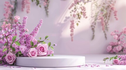 Pink roses and purple flowers on a white podium with a pink background.