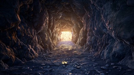 Naklejka premium Digital rendering of a dimly lit rocky tunnel with light shining from the end, portraying a sense of hope and possibility.