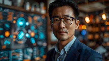 Fototapeta premium Asian Businessman Investing in Futuristic Brand Reputation and Trust with Technology HUD Hologram