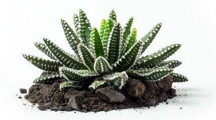 Angular Zebra Cactus with striking white stripes, dark soil contrasting with white background