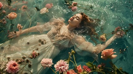 A woman in a white dress floating in a body of water surrounded by flowers