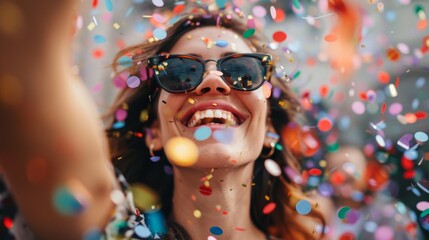A woman wearing sunglasses is surrounded by confetti