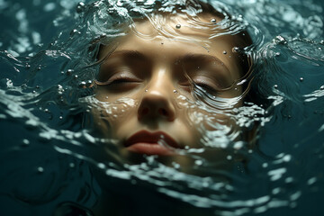 Close-up of a person's face half-submerged in water, exuding tranquility