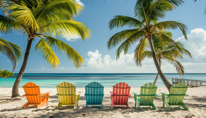 Colorful wooden chairs on a tropical beach