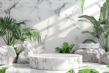 White marble podium with green plants and rocks.