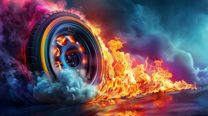 Fototapeta premium A wheel is on fire and is surrounded by smoke. The wheel is on a wet road and is surrounded by water