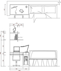 Detailed vector sketch illustration of interior design for arranging furniture in a bedroom