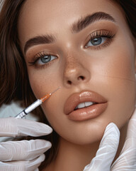 Professional studio photo of a Beautiful female photo model getting a Botox injection.