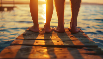 Feet on a pier at sunset