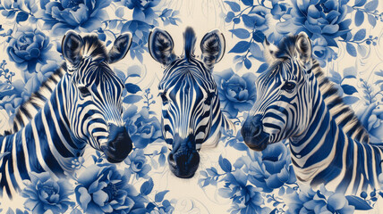 Fototapeta na wymiar Three zebras are standing in front of a blue and white floral background
