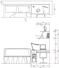 Detailed vector sketch illustration of interior design for arranging furniture in a bedroom