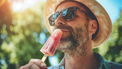 Man in sunglasses and hat eating popsicle in hot sunny day