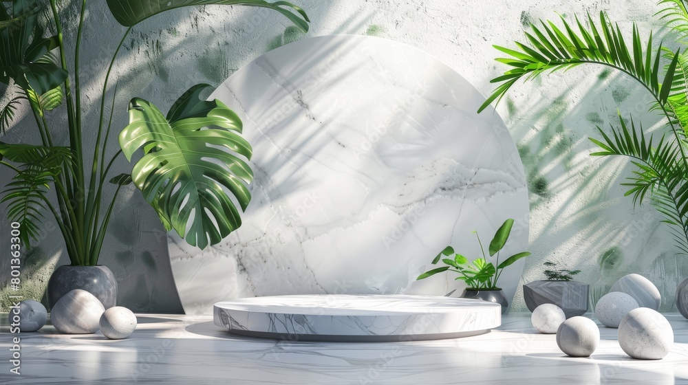 Wall mural white marble podium for product presentation with green tropical leaves.