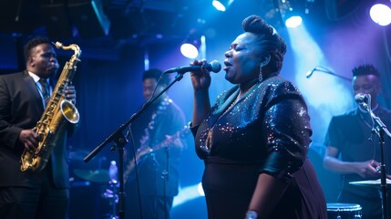 A woman singing into a microphone while a man plays a saxophone