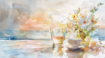 A painting of a vase of flowers and a cup of tea