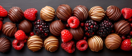 A row of chocolate covered berries with raspberries and blackberries