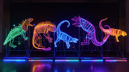 Colorful neon light installations of dinosaur skeletons, each glowing in different hues, displayed in a dark space.