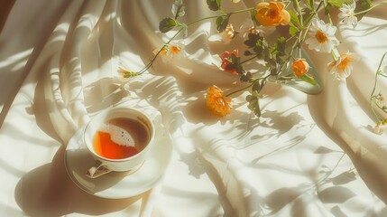 A cup of tea on a saucer with a bouquet of flowers in the background
