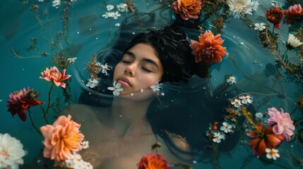 A woman floating in a pool of flowers