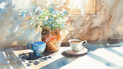 A painting of a vase of flowers and a cup of coffee