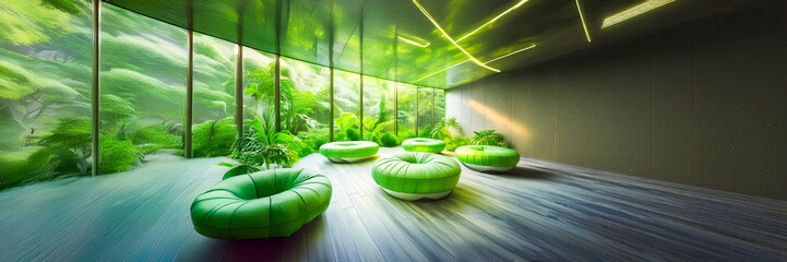 ecological waiting room with large bay window with circle green seats round benches