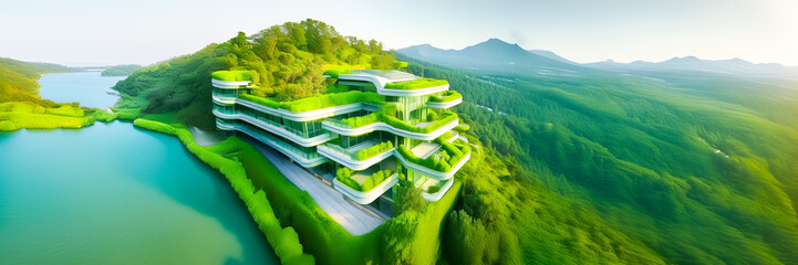 green bioclimatic architecture building on mountain by forest and water
