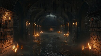 Eerie depiction of endless medieval catacombs illuminated by torches, evoking a sense of mystical dread. 3D Rendering
