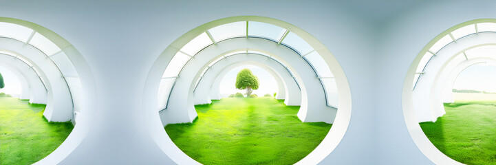 green corridor with tree and circle shape multiple perspective