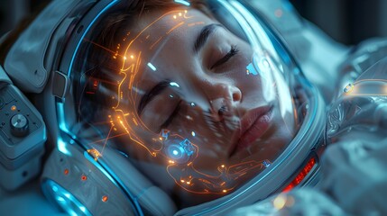 Futuristic Holographic Medical Imaging Revealing Sleeping Subject in Vibrant Digital Realm