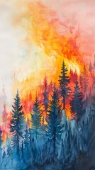 Abstract wildfire painting with vivid colors, symbolizing the struggle against climate-induced forest fires.