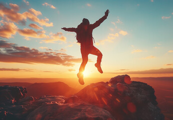 Silhouette of man jumping from cliff with beautiful landscape background, concept of freedom and challenge or business development. Silhouette of man jumping from cliff with mountain and river 