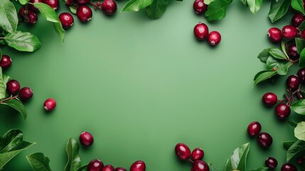 Frame of fresh red cherries with vibrant green leaves on a green background, ideal for template usage.