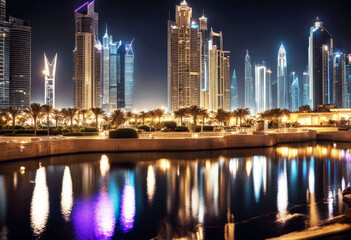 Obraz premium 'night city Dubai al arab arabian arabic architecture beach blue building business landscape design downtown east emirate famous holiday hotel landmark luxury middle modern resort road sail sky'