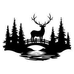 deer and a rural bridge vector illustration