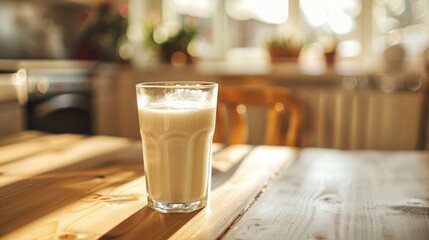 A glass of milk sits on a table in the kitchen