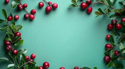 A vibrant banner with cranberries and green leaves arranged around the edges on a teal background.