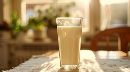 A glass of milk sits on a table