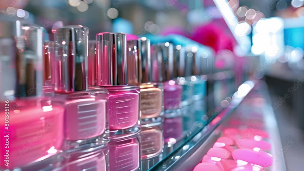 Poster This Assorted nail polish bottles neatly lined up on a shelf. Row of Nail Polish Bottles on Shelf