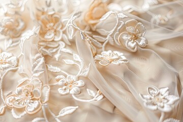 Details of the bride dress fabric and beautiful embroidery wedding concept used as a background for illustrations and text.
