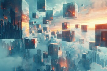 A city of glass and metal skyscrapers floating in a sea of clouds.