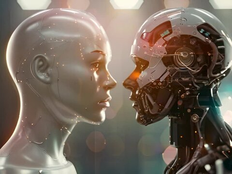 A beautiful painting of two robots staring at each other with a sunset in the background