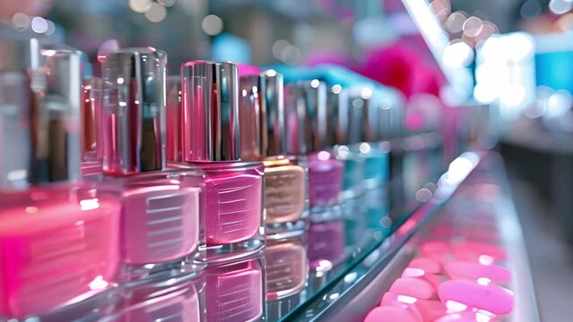 This Assorted nail polish bottles neatly lined up on a shelf. Row of Nail Polish Bottles on Shelf