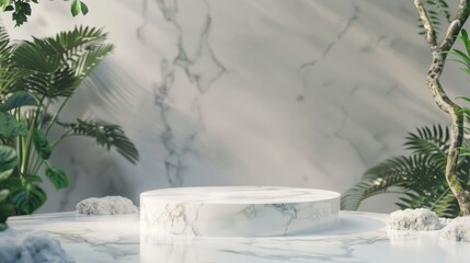 White marble podium with green leaves.