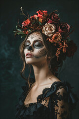 A portrait of an attractive woman with sugar skull makeup, roses in her hair, wearing a dark dress against a dark background